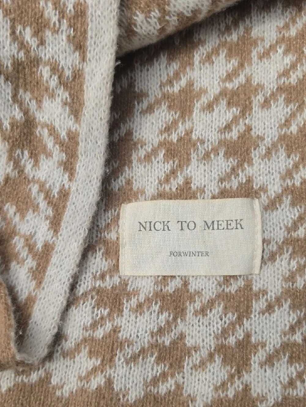 Neutral Cream & Tan Houndstooth Knit Scarf - Cozy Everyday Layer